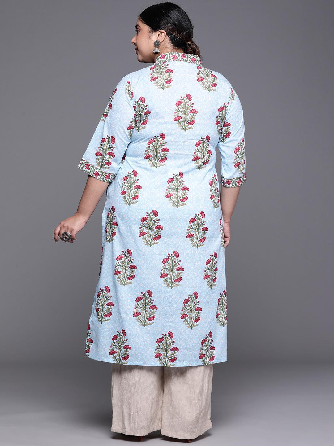 Plus Size Blue Printed Cotton Kurta - ShopLibas
