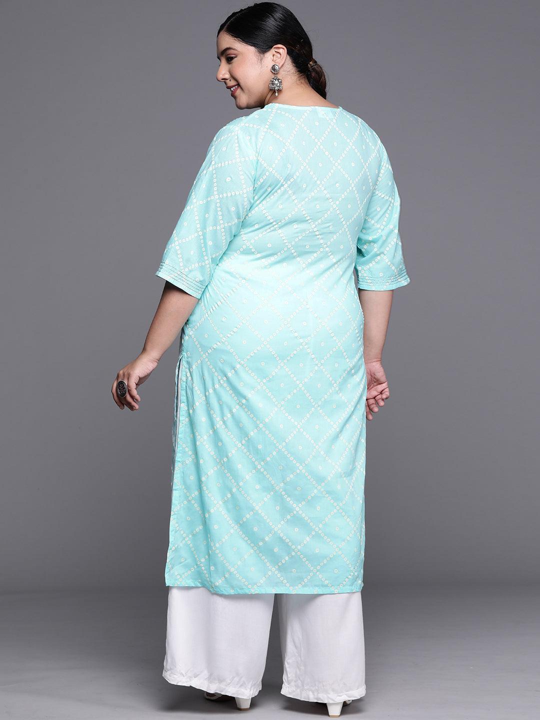Plus Size Blue Printed Cotton Kurta - Libas