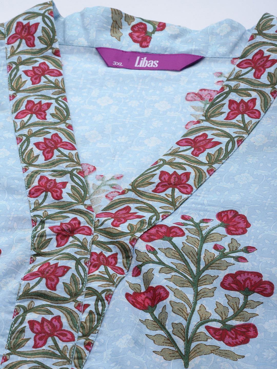 Plus Size Blue Printed Cotton Kurta - ShopLibas