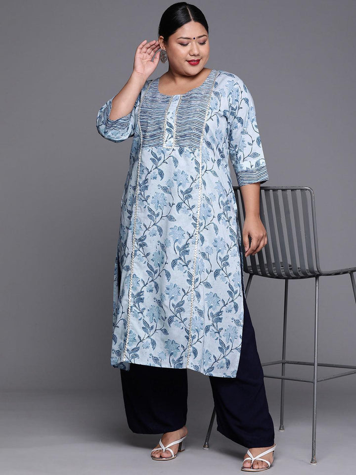 Plus Size Blue Printed Cotton Kurta