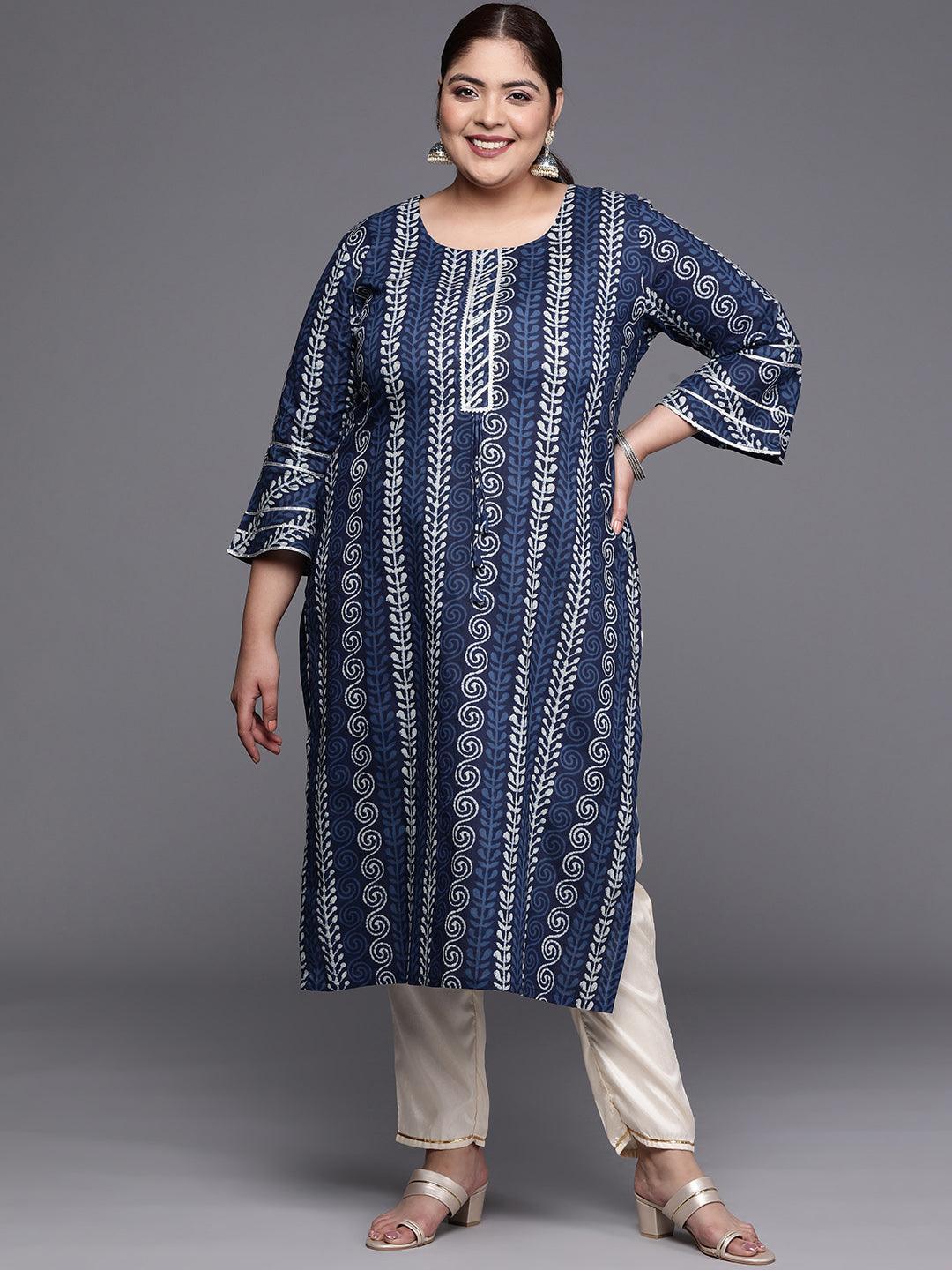 Plus Size Blue Printed Cotton Straight Kurta - ShopLibas