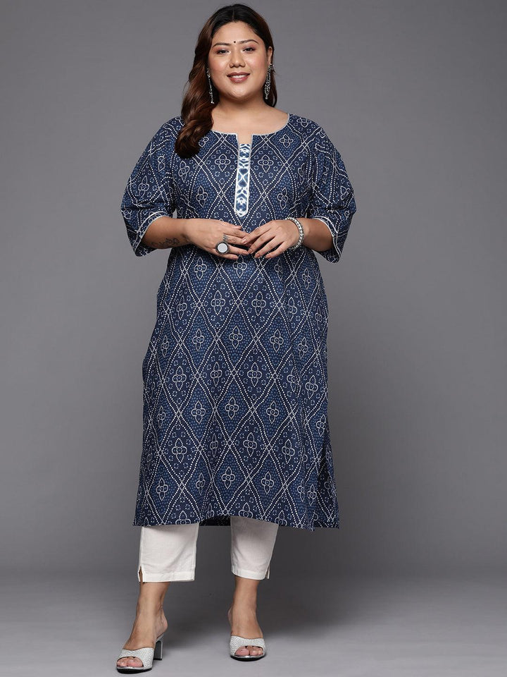 Plus Size Blue Printed Cotton Straight Kurta