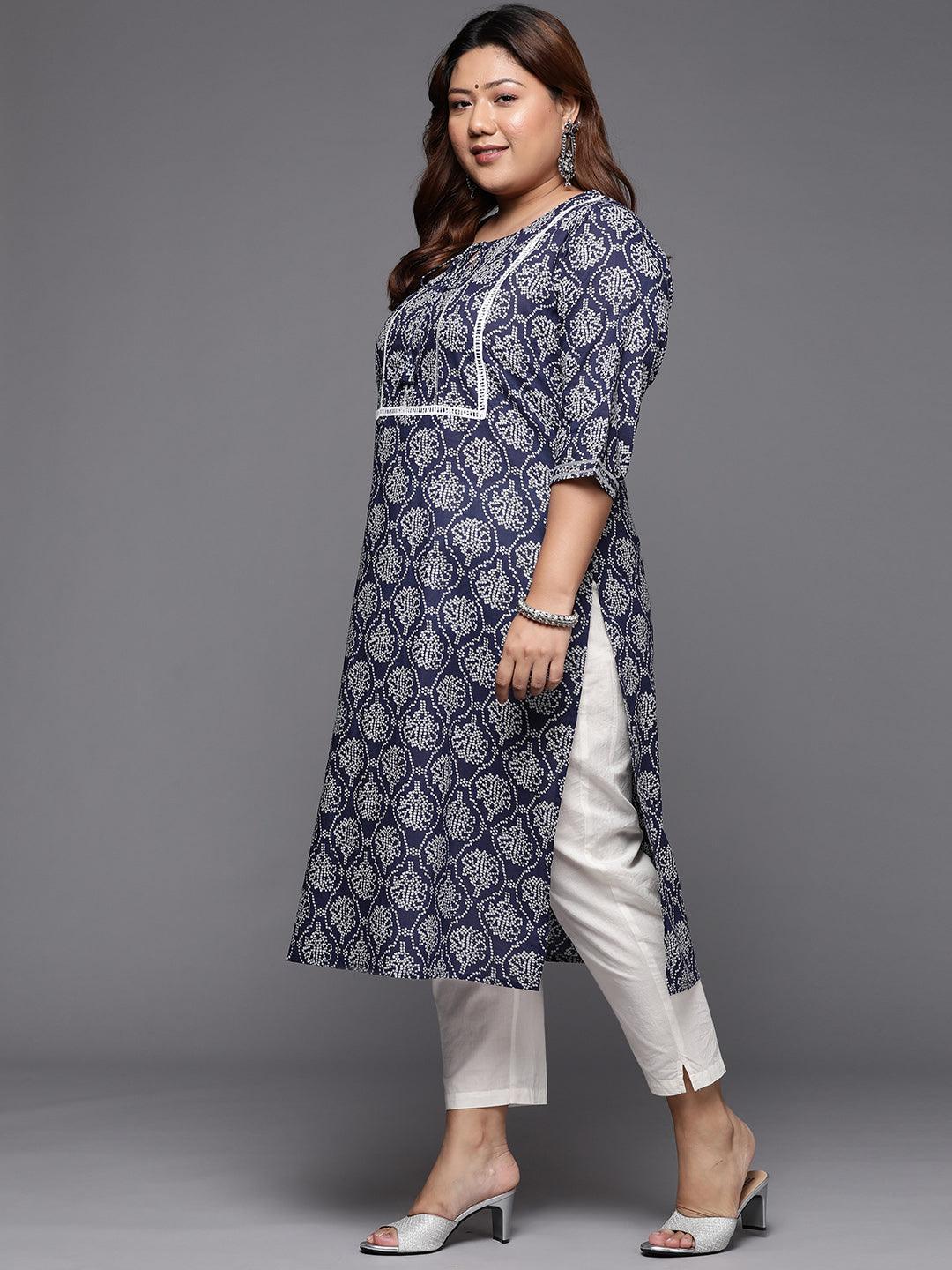 Plus Size Blue Printed Cotton Straight Kurta - ShopLibas