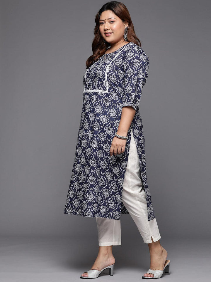 Plus Size Blue Printed Cotton Straight Kurta
