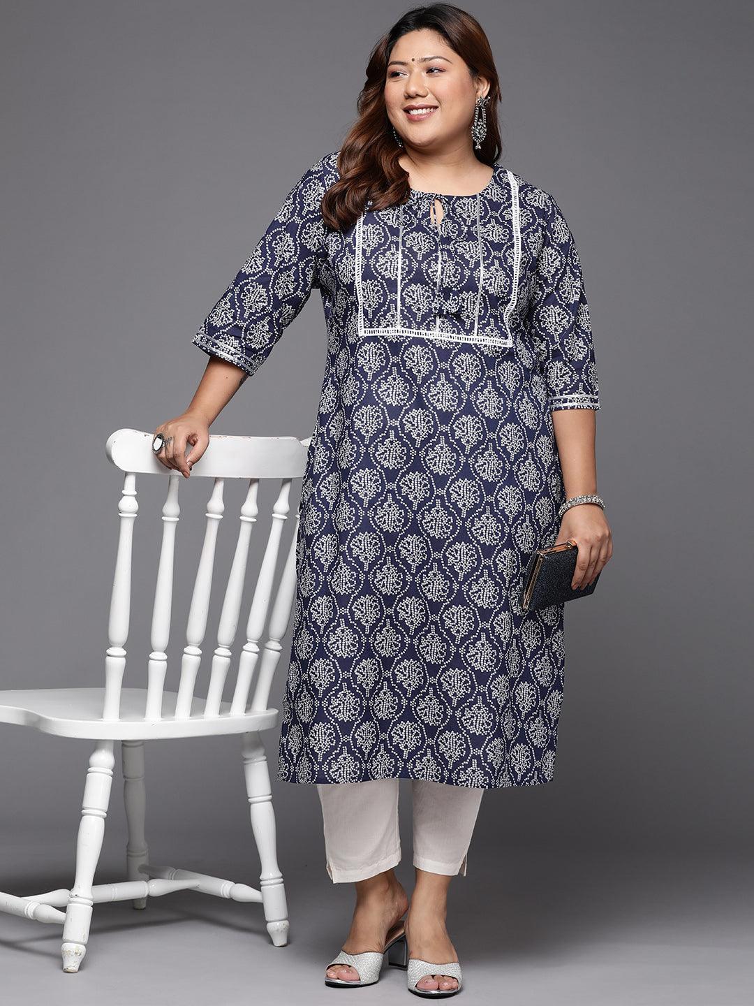 Plus Size Blue Printed Cotton Straight Kurta - ShopLibas