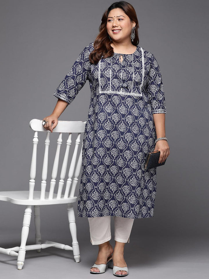 Plus Size Blue Printed Cotton Straight Kurta