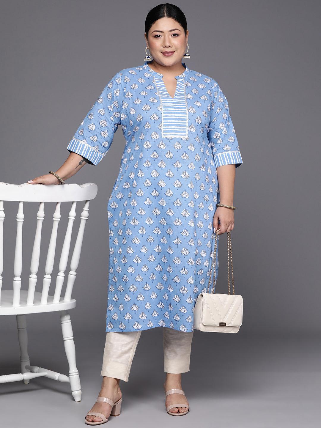 Plus Size Blue Printed Cotton Straight Kurta - ShopLibas