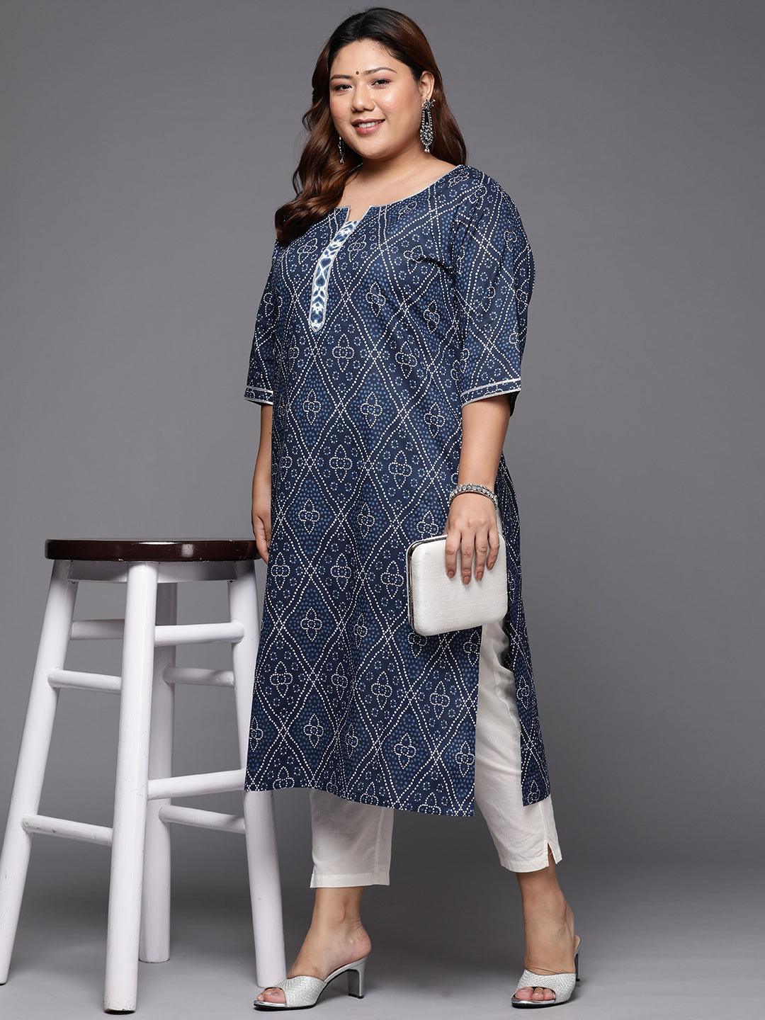 Plus Size Blue Printed Cotton Straight Kurta - ShopLibas