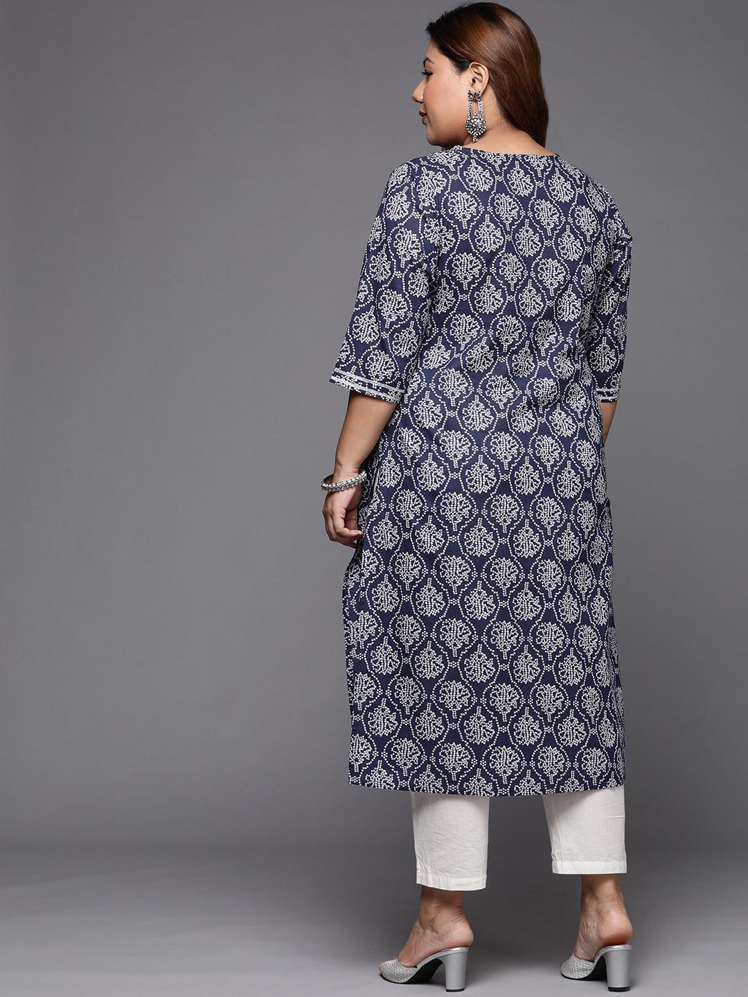 Plus Size Blue Printed Cotton Straight Kurta - ShopLibas