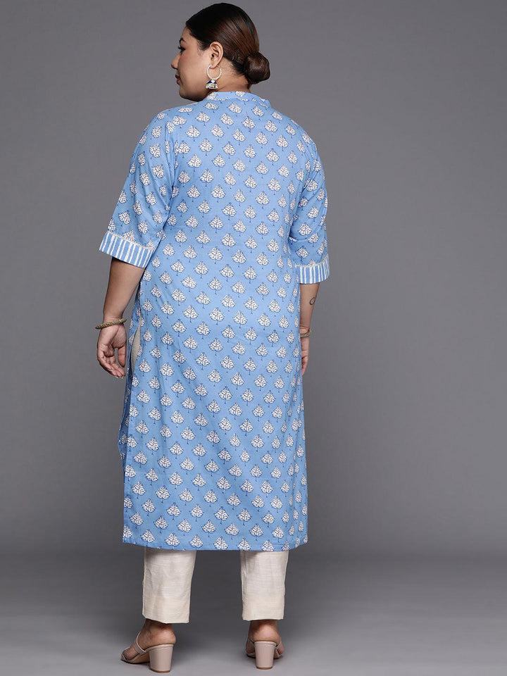 Plus Size Blue Printed Cotton Straight Kurta