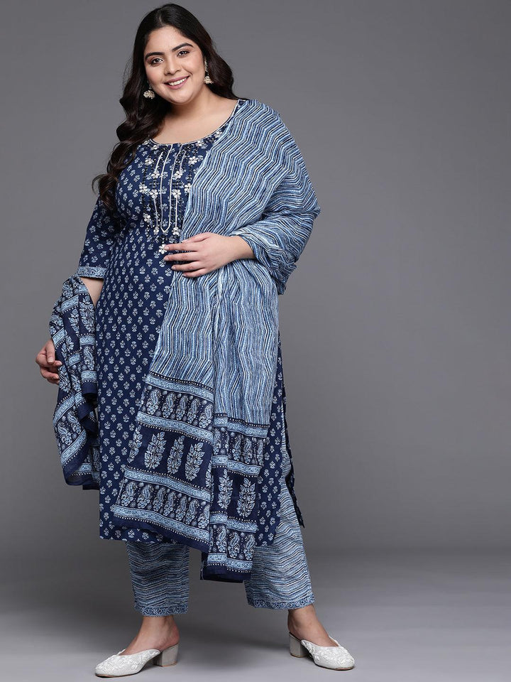 Plus Size Blue Printed Cotton Suit Set