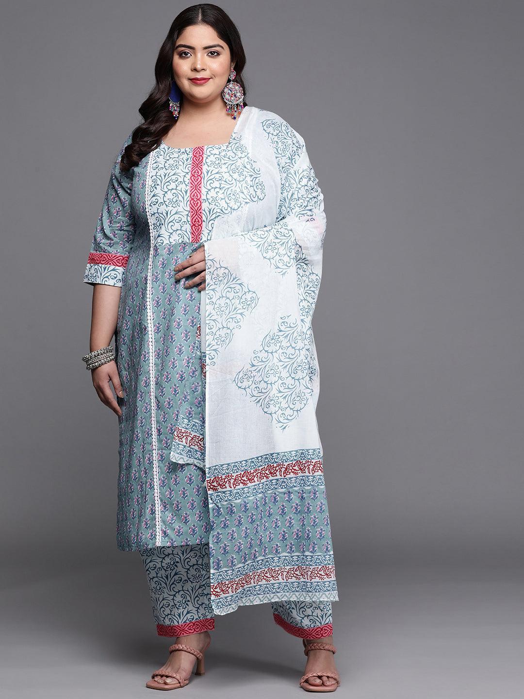 Plus Size Blue Printed Cotton Suit Set - ShopLibas