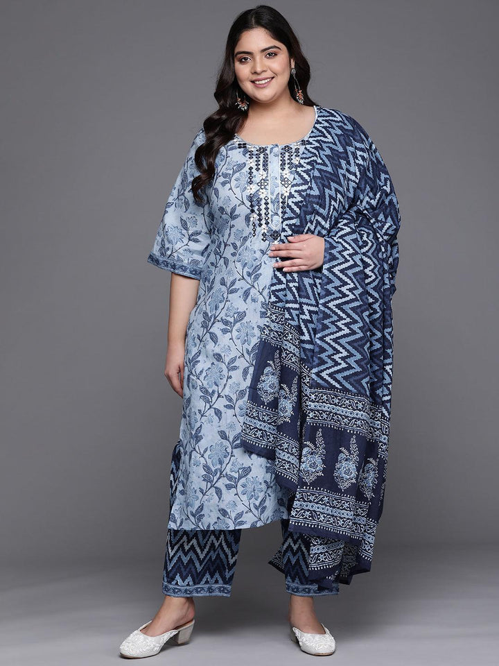 Plus Size Blue Printed Cotton Suit Set