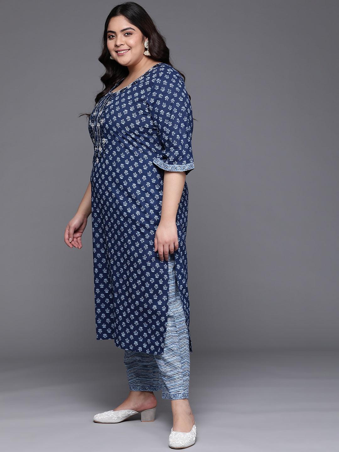 Plus Size Blue Printed Cotton Suit Set - ShopLibas