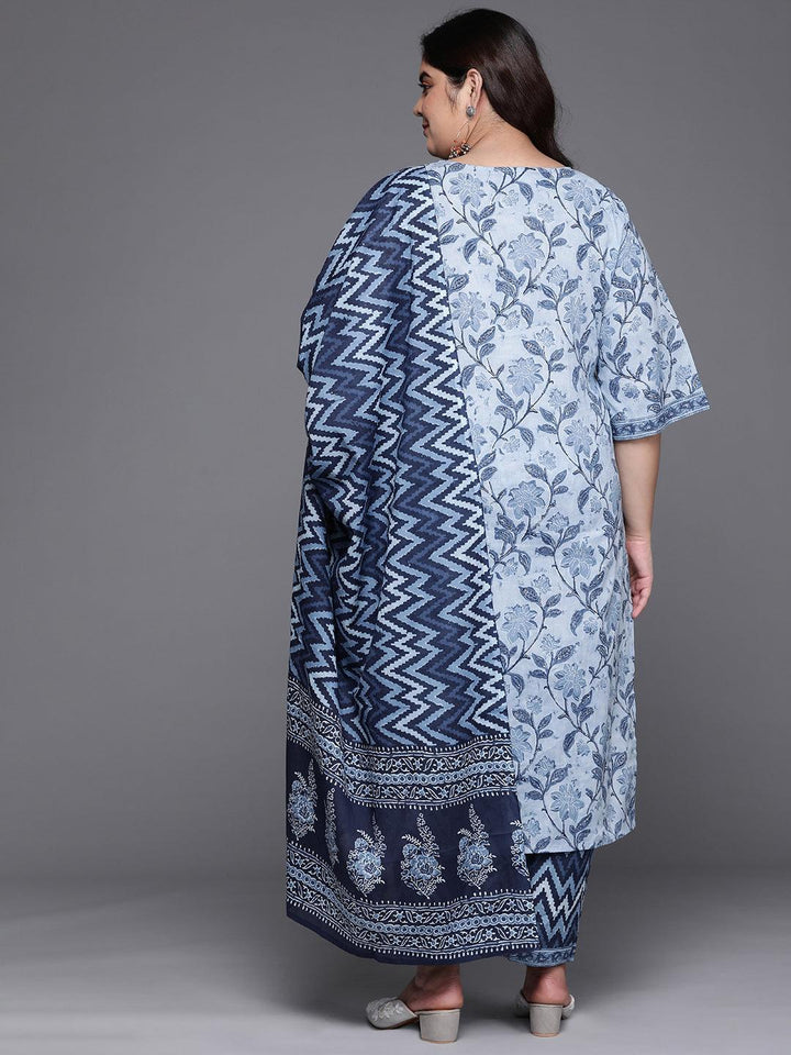 Plus Size Blue Printed Cotton Suit Set