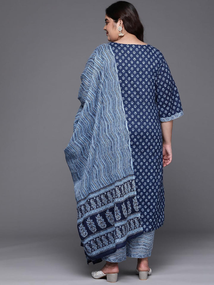 Plus Size Blue Printed Cotton Suit Set