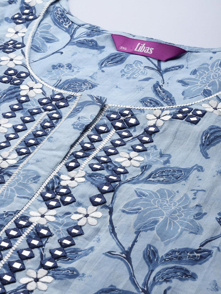 Plus Size Blue Printed Cotton Suit Set