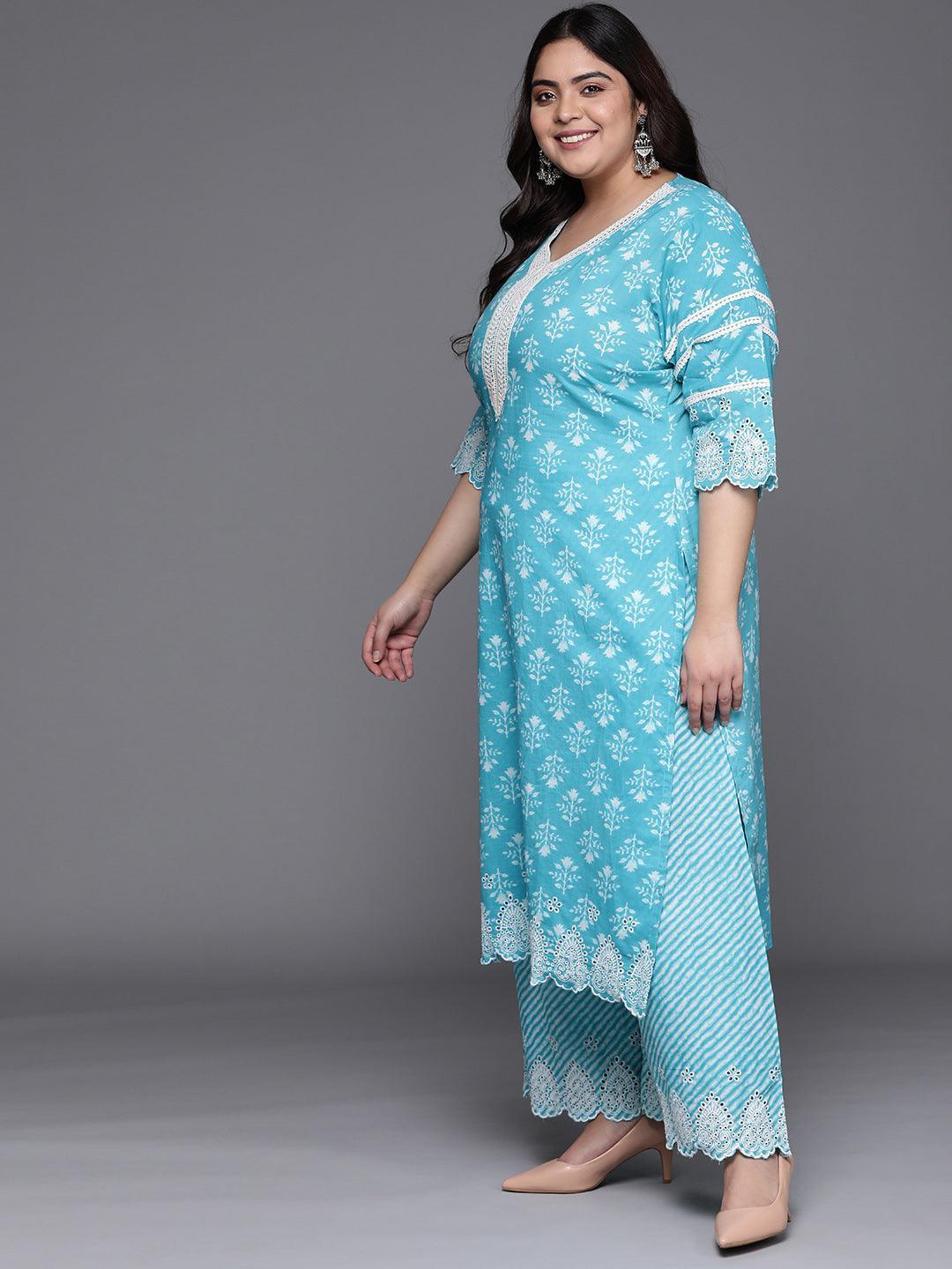 Plus Size Blue Printed Cotton Suit Set - ShopLibas