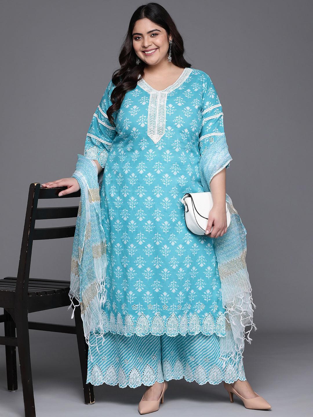 Plus Size Blue Printed Cotton Suit Set - ShopLibas