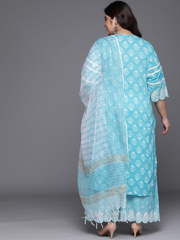 Plus Size Blue Printed Cotton Suit Set