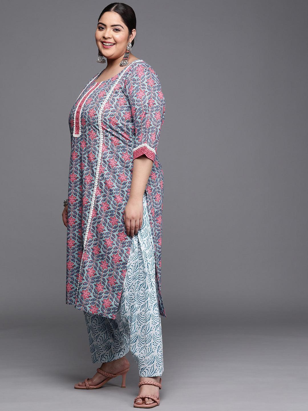 Plus Size Blue Printed Cotton Suit Set - ShopLibas