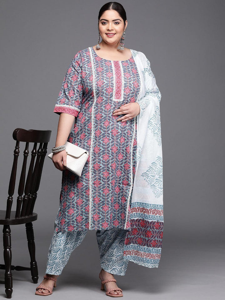 Plus Size Blue Printed Cotton Suit Set