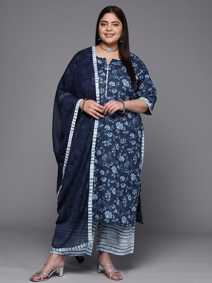 Plus Size Blue Printed Cotton Suit Set With Trousers