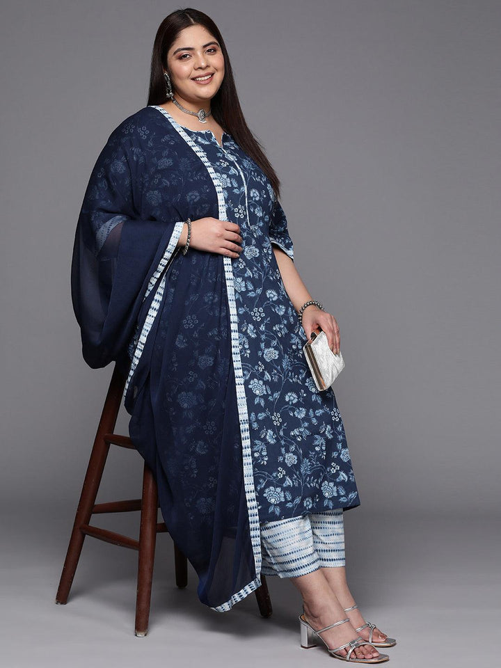 Plus Size Blue Printed Cotton Suit Set With Trousers
