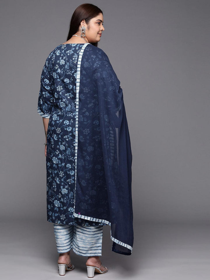 Plus Size Blue Printed Cotton Suit Set With Trousers