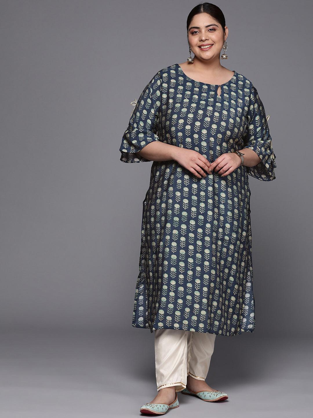 Plus Size Blue Printed Silk Straight Kurta - ShopLibas