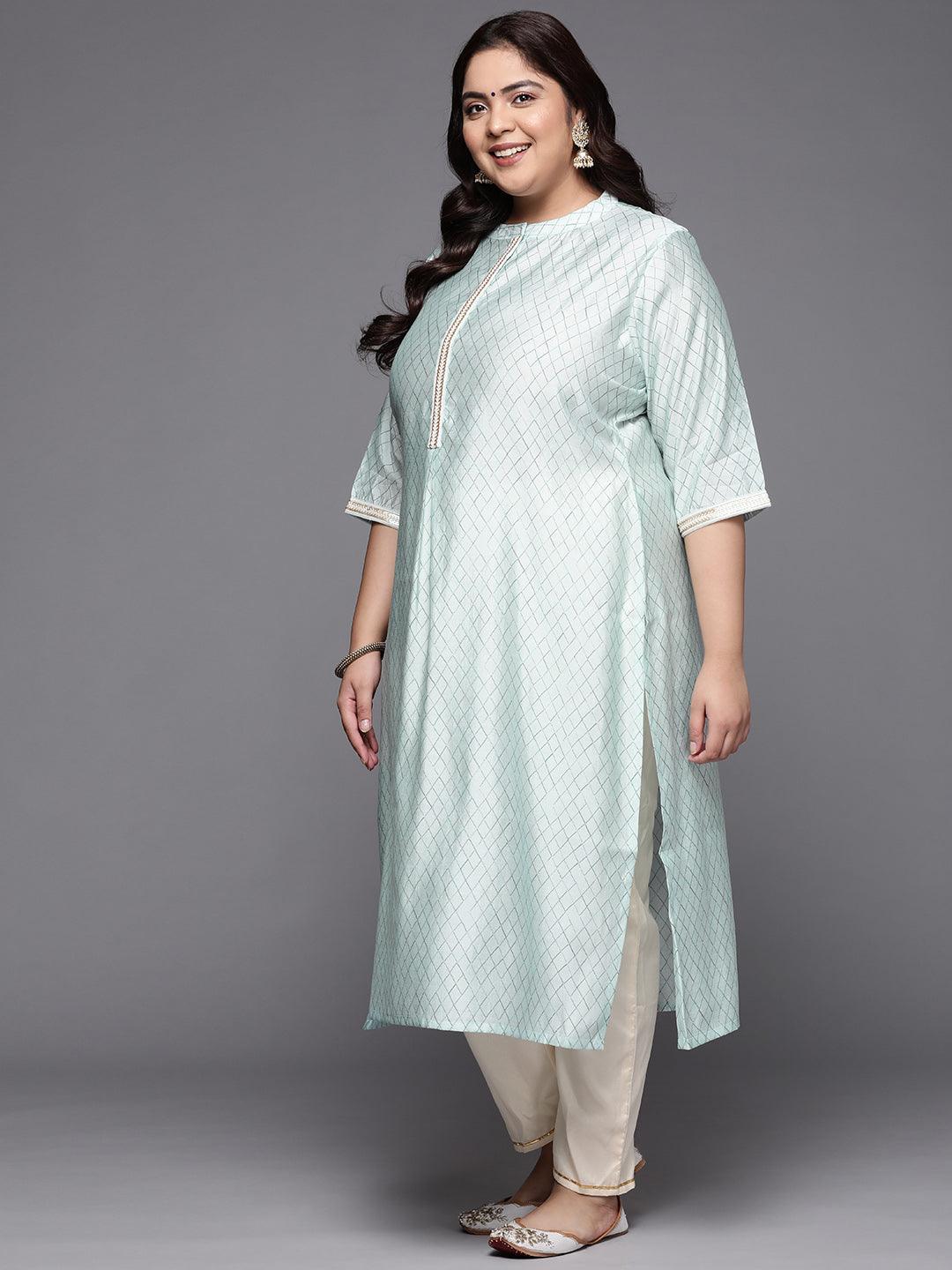 Plus Size Blue Printed Silk Straight Kurta - ShopLibas