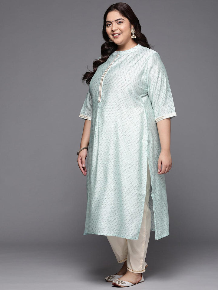 Plus Size Blue Printed Silk Straight Kurta