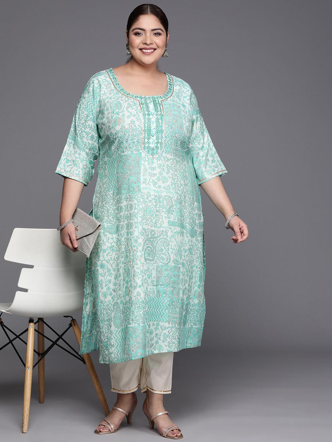 Plus Size Blue Printed Silk Straight Kurta - ShopLibas