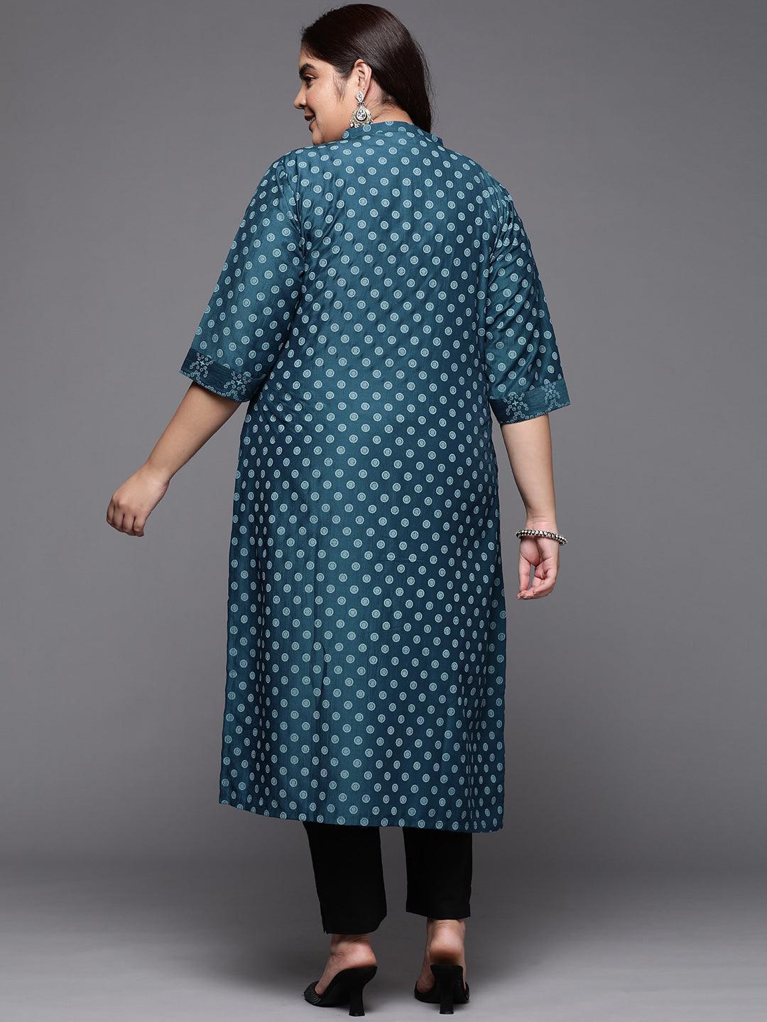 Plus Size Blue Printed Silk Straight Kurta - ShopLibas