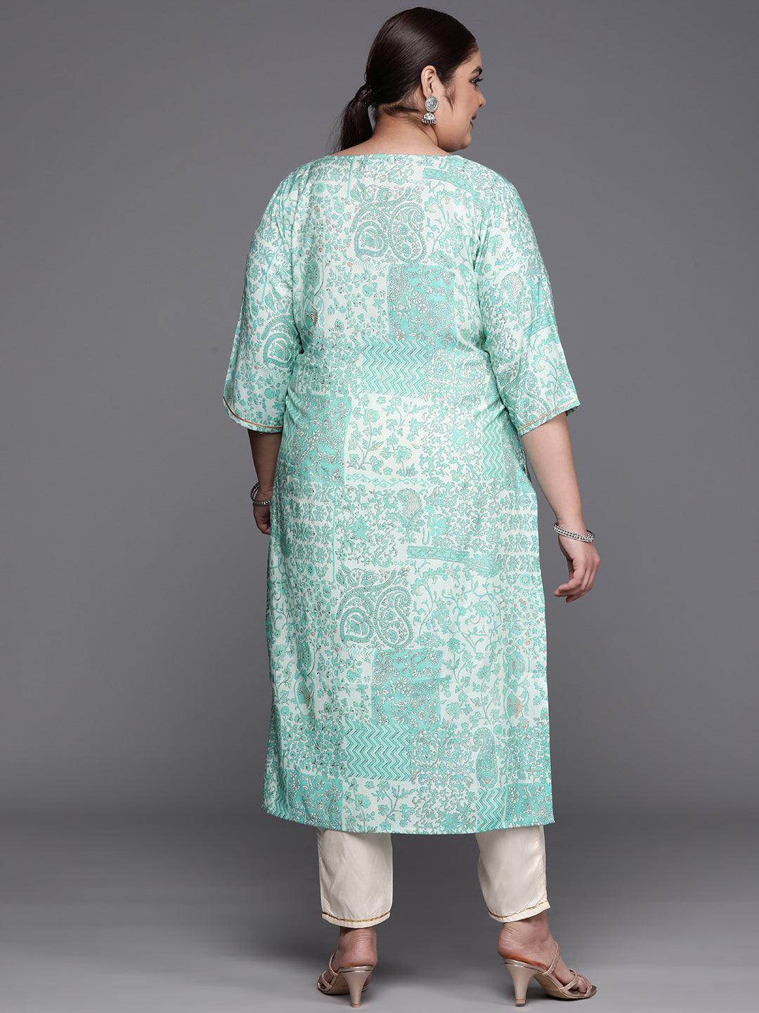Plus Size Blue Printed Silk Straight Kurta - ShopLibas