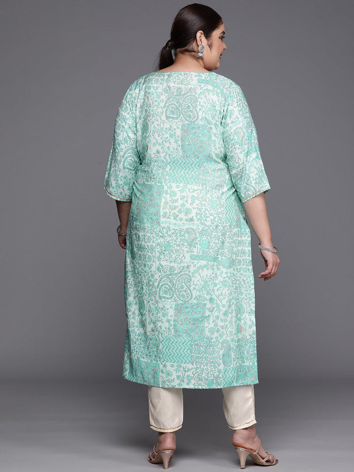 Plus Size Blue Printed Silk Straight Kurta