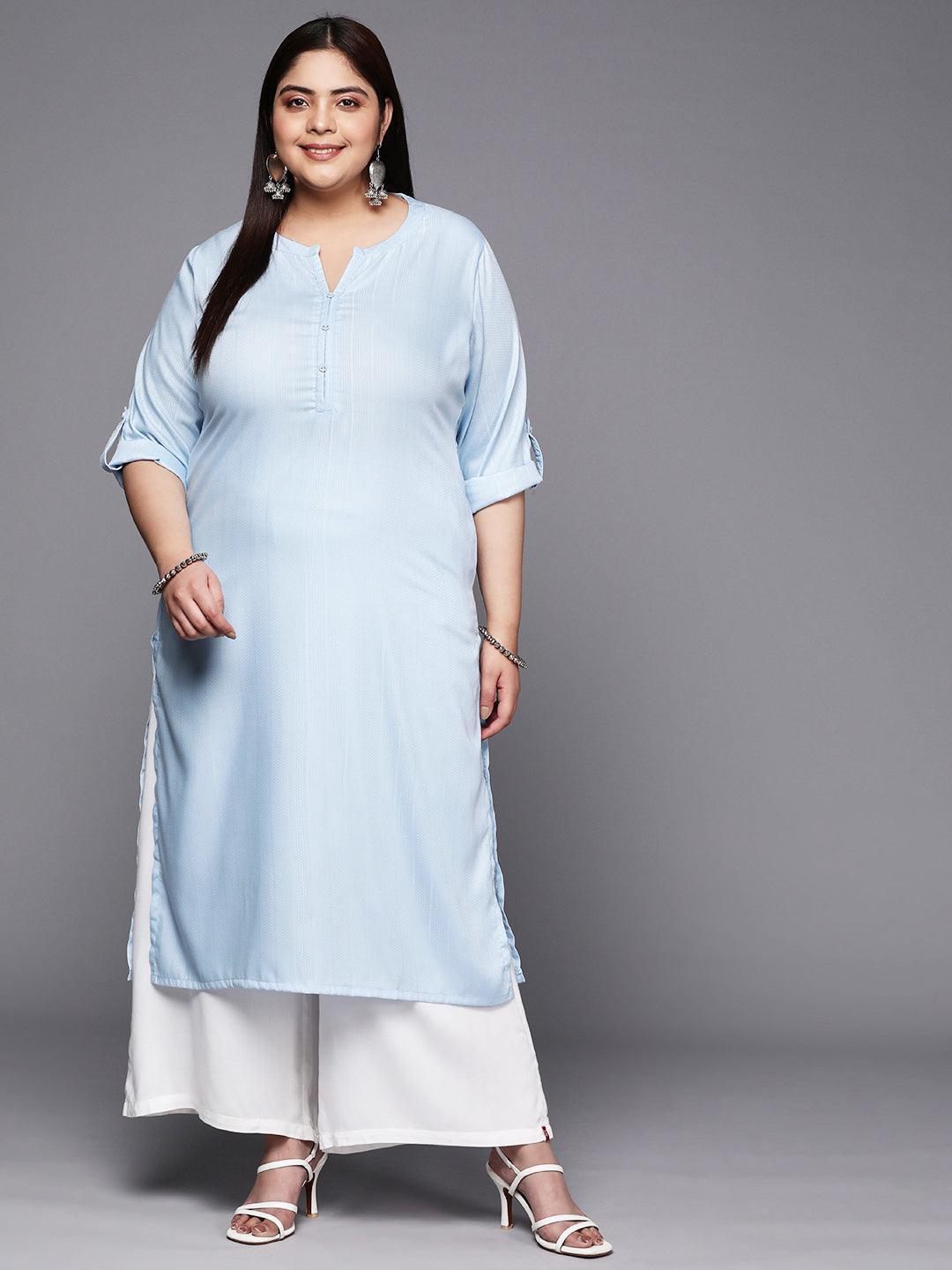 Plus Size Blue Woven Design Rayon Straight Kurta - ShopLibas