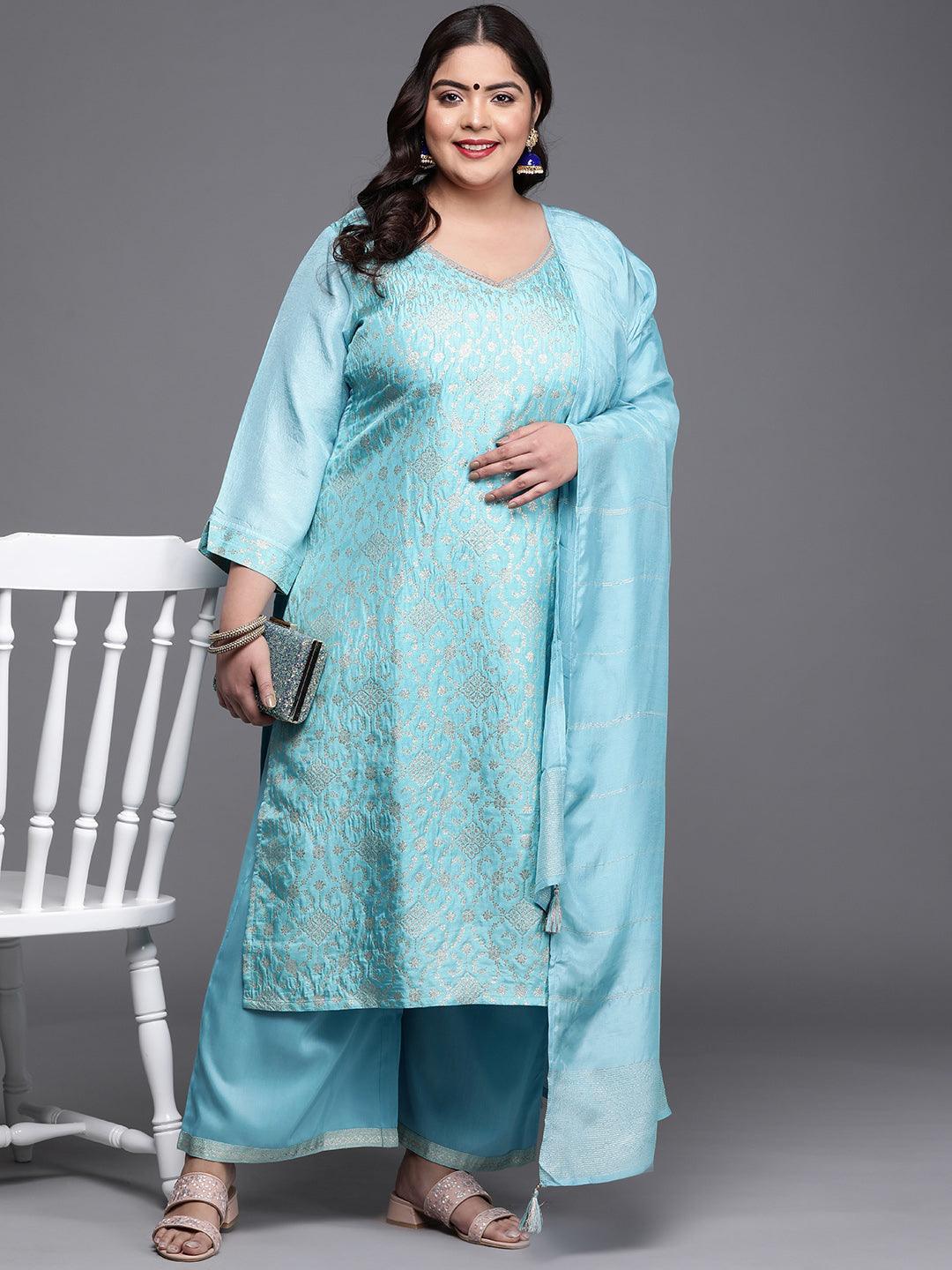Plus Size Blue Woven Design Silk Blend Suit Set - ShopLibas