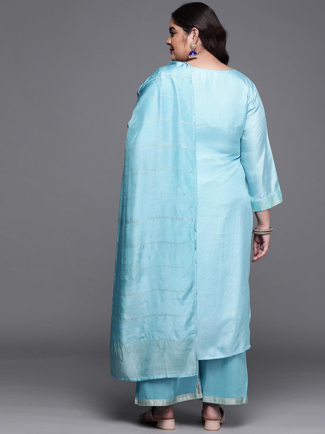 Plus Size Blue Woven Design Silk Blend Suit Set - ShopLibas