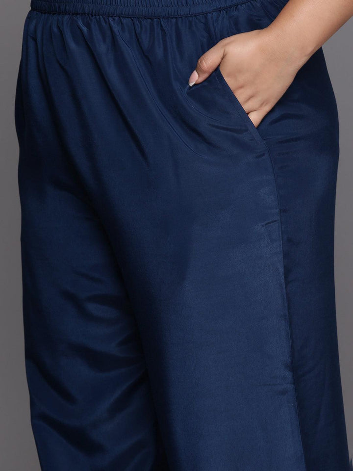Plus Size Blue Woven Design Silk Blend Straight Kurta With Trousers & Dupatta