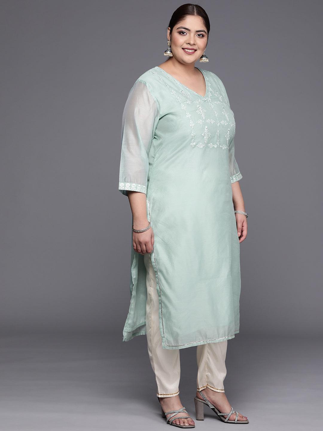 Plus Size Blue Yoke Design Chanderi Cotton Straight Kurta - ShopLibas