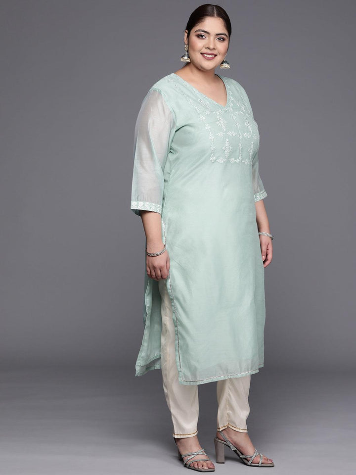 Plus Size Blue Yoke Design Chanderi Cotton Straight Kurta