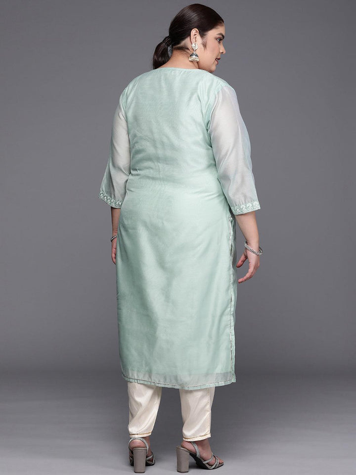 Plus Size Blue Yoke Design Chanderi Cotton Straight Kurta