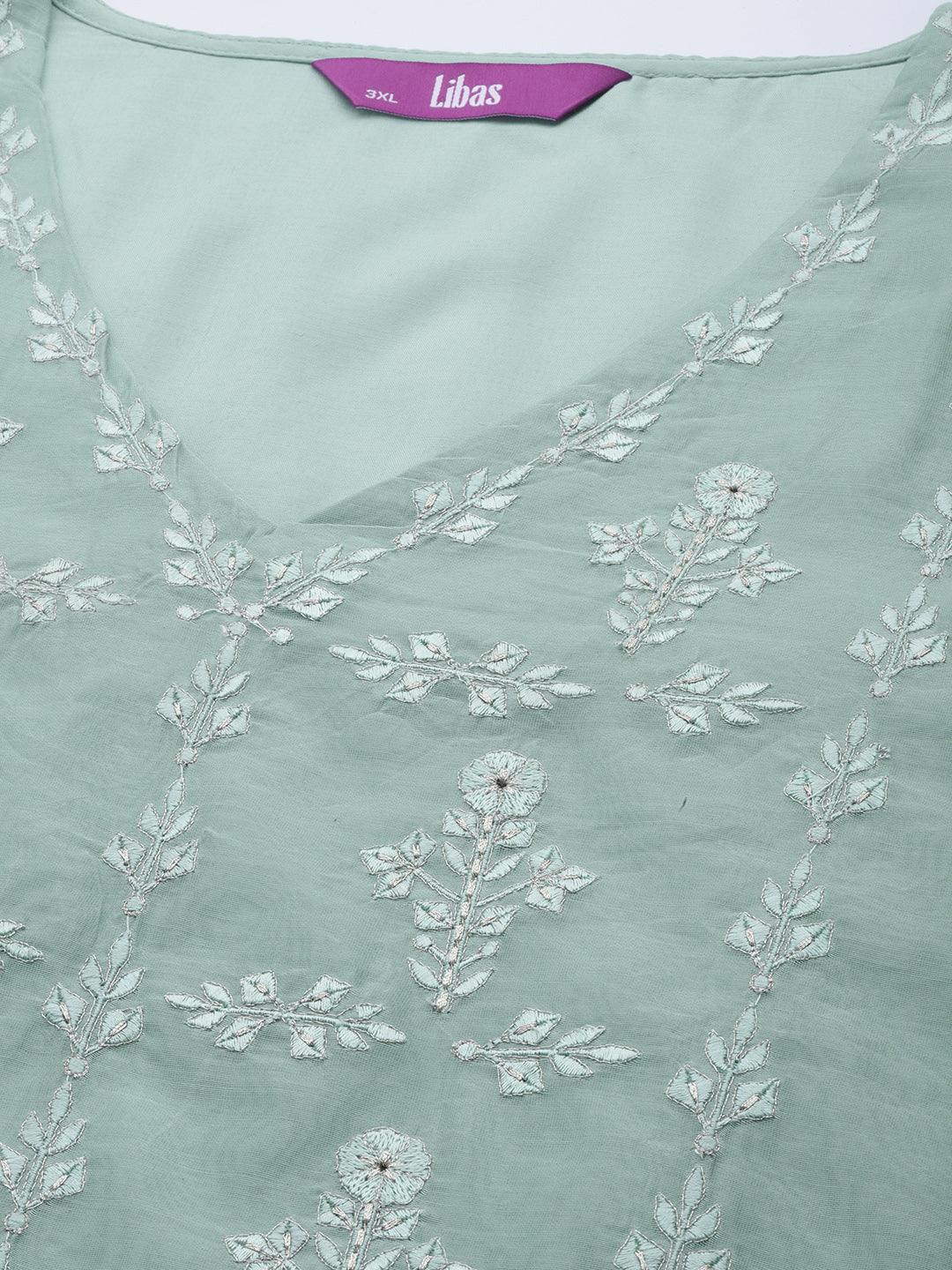 Plus Size Blue Yoke Design Chanderi Cotton Straight Kurta - ShopLibas