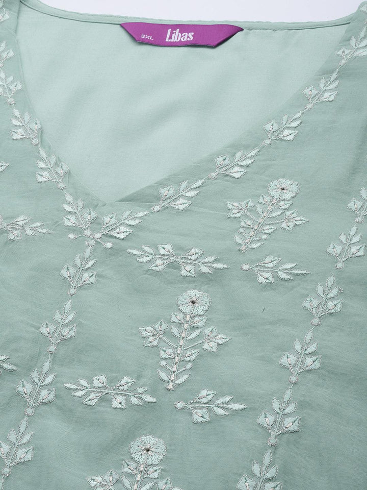 Plus Size Blue Yoke Design Chanderi Cotton Straight Kurta