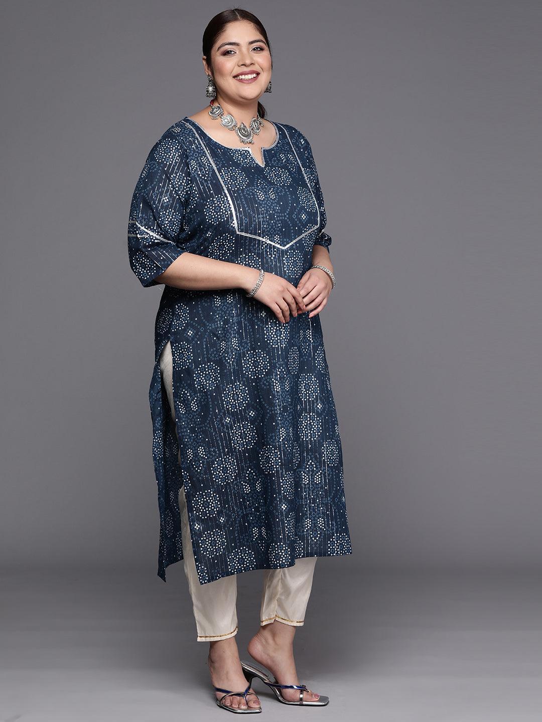 Plus Size Blue Yoke Design Cotton Straight Kurta - ShopLibas
