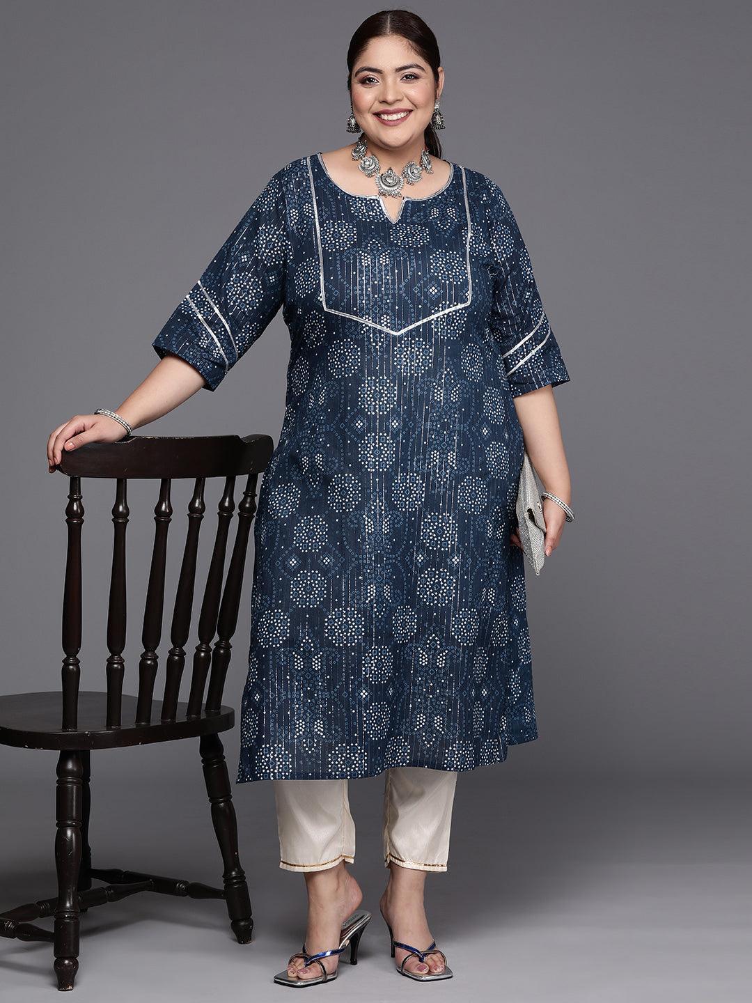 Plus Size Blue Yoke Design Cotton Straight Kurta - ShopLibas