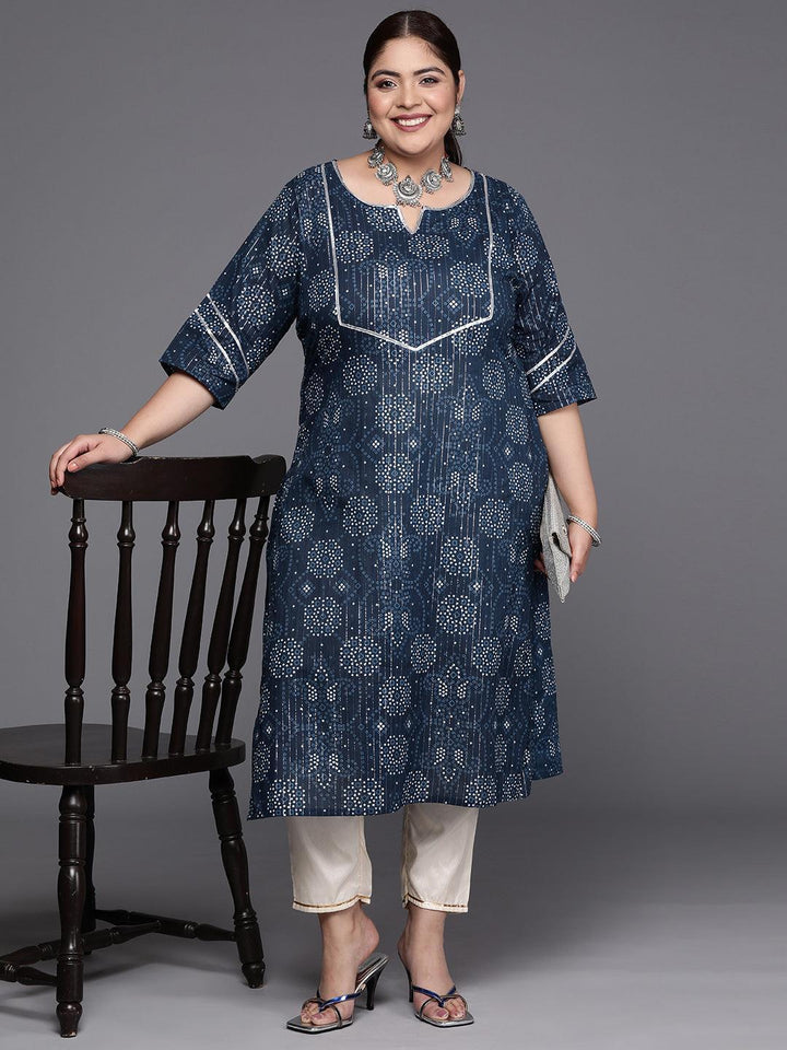Plus Size Blue Yoke Design Cotton Straight Kurta