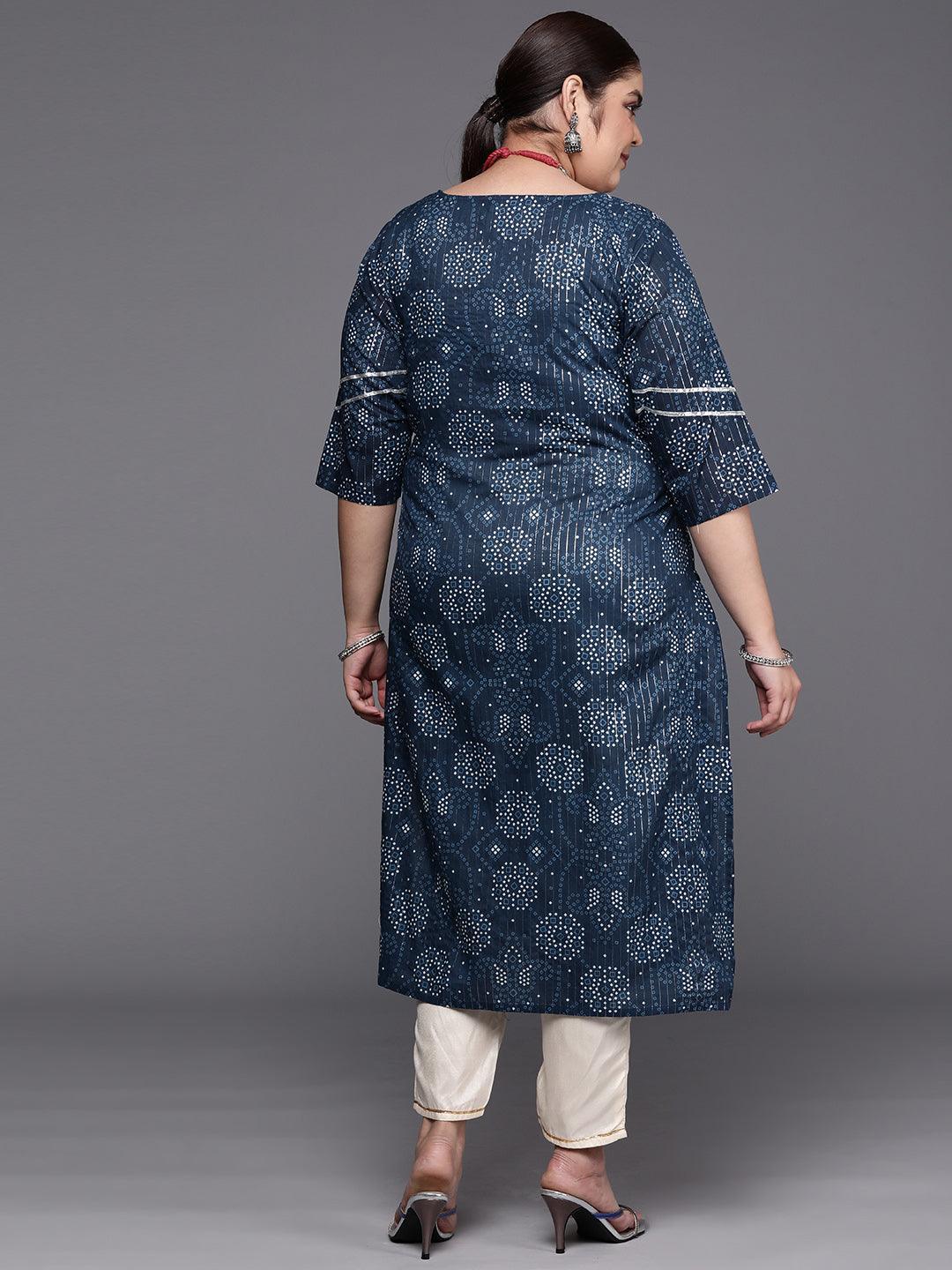 Plus Size Blue Yoke Design Cotton Straight Kurta - ShopLibas