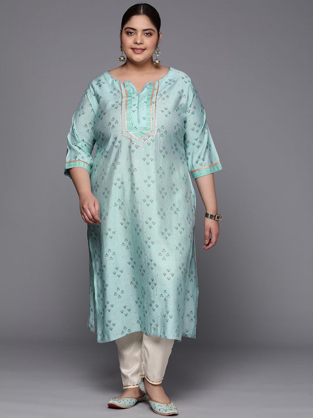 Plus Size Blue Yoke Design Silk Straight Kurta - ShopLibas